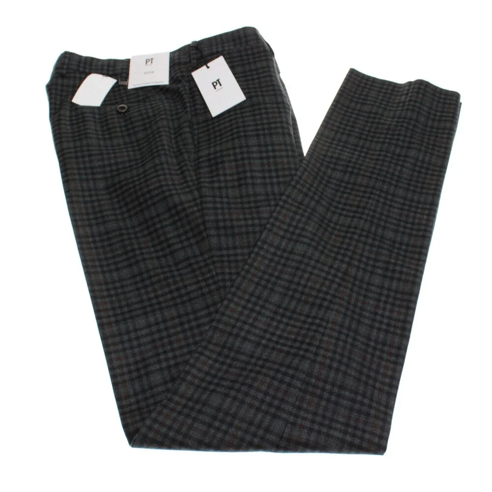 PT Torino NWT Dress Pants 48 (US 32) Slim Fit in Green Check Wool Blend